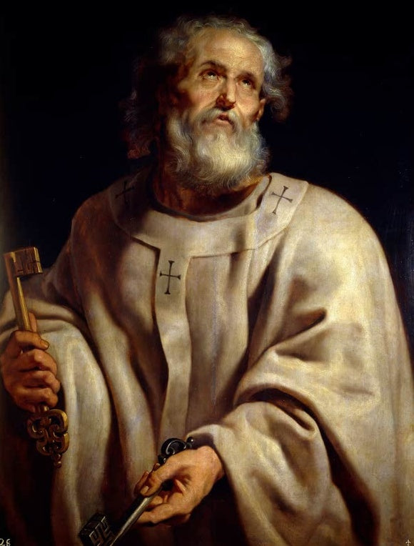Peter Paul Rubens Der heilige Petrus Kunstkopie, bärtiger Apostel in hellem Gewand hält zwei Schlüssel und blickt nach oben
