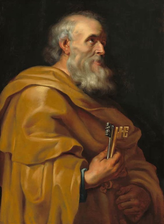 Peter Paul Rubens Der heilige Petrus Kunstkopie, weißbärtiger Apostel im ockerfarbenen Mantel hält zwei Schlüssel