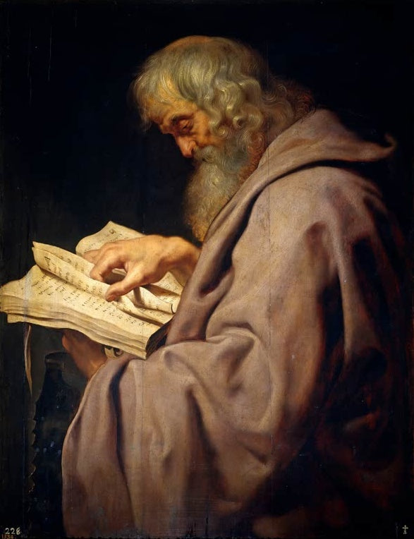 Peter Paul Rubens Der heilige Simon Kunstkopie, älterer Apostel im Profil blättert in einem aufgeschlagenen Buch