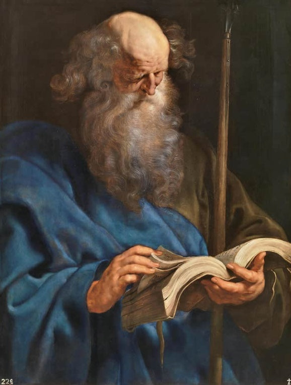 Peter Paul Rubens Der heilige Thomas Kunstkopie, weißbärtiger Apostel in blauem Mantel liest in einem Buch