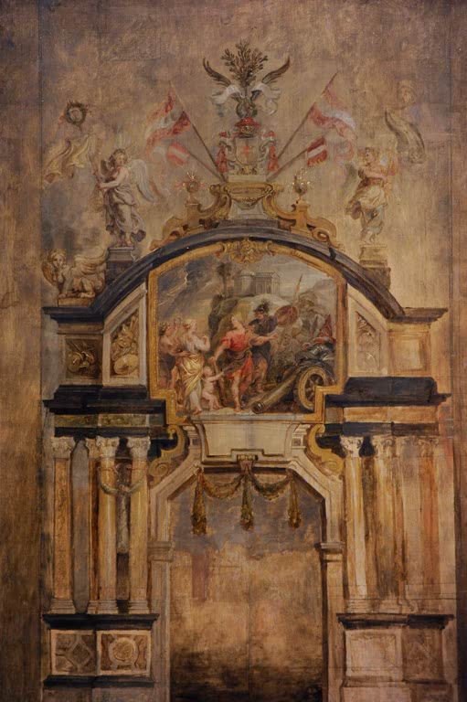 Peter Paul Rubens Der Herkulesbogen Kunstkopie, Ehrenpforte mit Bildfeld, Fahnen, Engeln und Kanone in goldbraunen Tönen