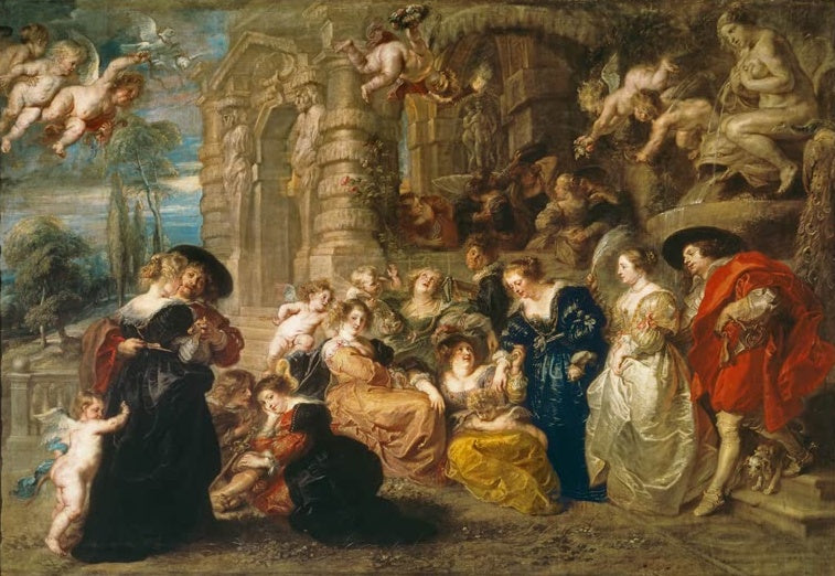 Peter Paul Rubens Der Liebesgarten Kunstkopie, elegante Gesellschaft in prächtigen Gewändern vor Säulenportal mit Putten