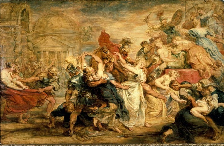 Peter Paul Rubens Der Raub der Sabinerinnen Kunstkopie, bewegtes Gedränge von Kriegern und Frauen vor einer Kuppelrotunde