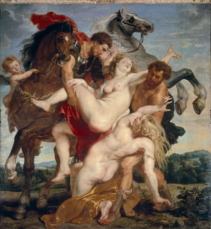 Peter Paul Rubens Der Raub der Töchter des Leukippos Kunstkopie, zwei Reiter entführen zwei Frauen vor bewegtem Himmel