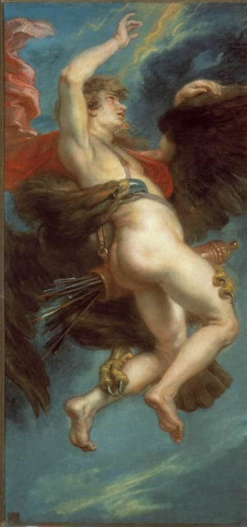 Peter Paul Rubens Der Raub des Ganymed Kunstkopie, junger Mann mit rotem Tuch von einem dunklen Adler getragen