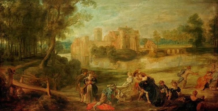 Peter Paul Rubens Der Schlosspark Kunstkopie, höfische Gesellschaft vor einem Wasserschloss mit Brücke und Bäumen