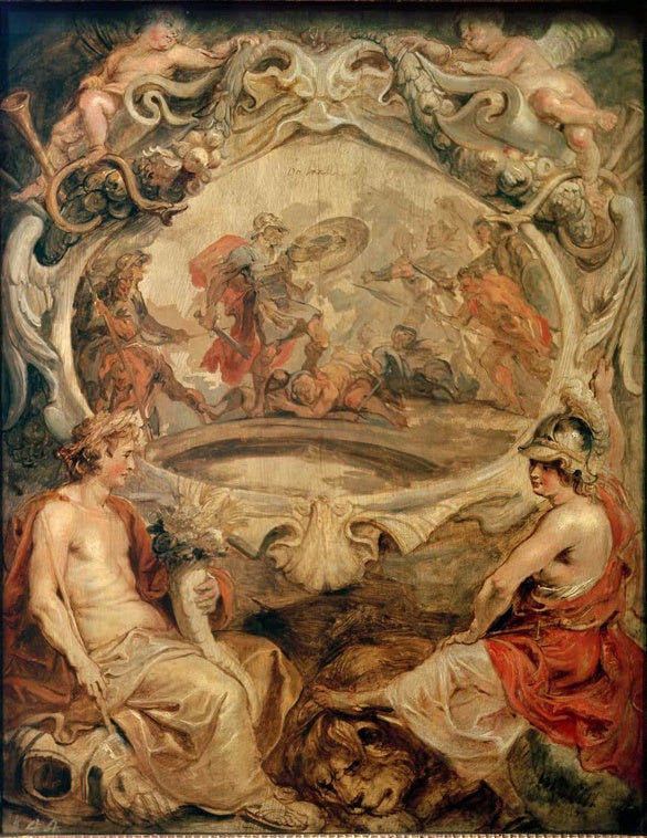 Peter Paul Rubens Der Sieg Heinrichs IV. bei Coutras Kunstkopie, Schlachtszene im Rahmen mit Apollo, Minerva und Löwe