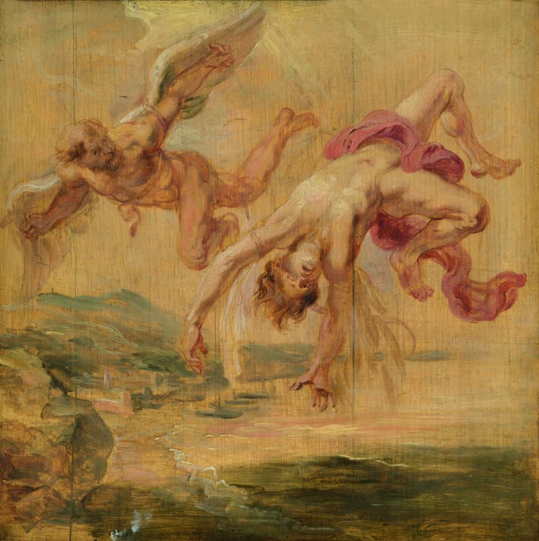 Peter Paul Rubens Der Sturz des Ikarus Kunstkopie, kopfüber stürzender Jüngling mit rosa Tuch und Dädalus über einer Küste