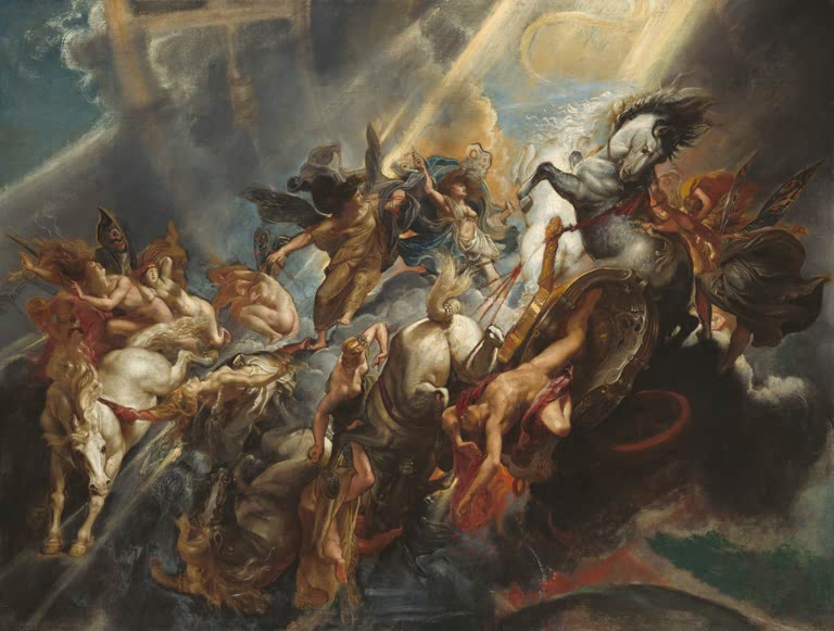 Peter Paul Rubens Der Sturz des Phaethon Kunstkopie, stürzende Pferde und Gestalten in dunklen Wolken