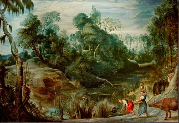 Peter Paul Rubens Der Teich im Walde Kunstkopie, Waldteich mit Schilf, zwei Frauen mit Krug und Kühe unter hohen Bäumen