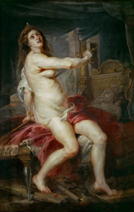 Peter Paul Rubens Der Tod der Dido Kunstkopie, Königin sitzt auf rotem Tuch und richtet das Schwert gegen sich