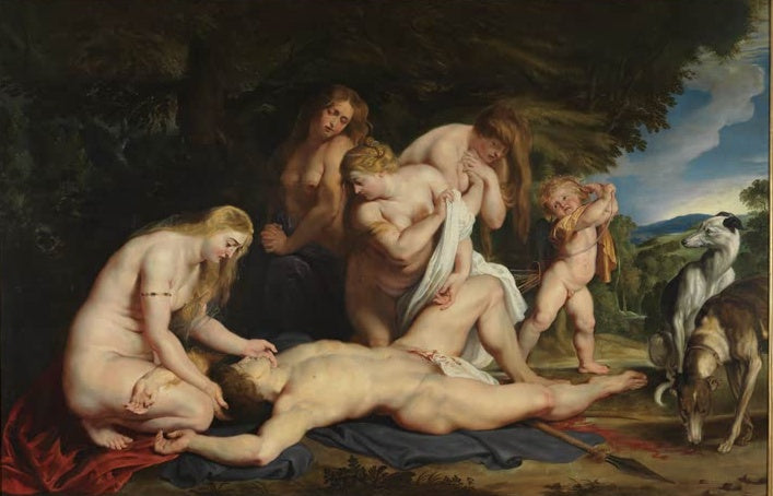 Peter Paul Rubens Der Tod des Adonis Kunstkopie, Venus mit Nymphen und Amor beklagen den Geliebten unter Bäumen mit Hunden