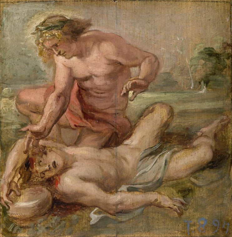 Peter Paul Rubens Der Tod des Hyakinthos, Ölskizze Kunstkopie, Jüngling mit Lorbeerkranz kniet neben Liegendem