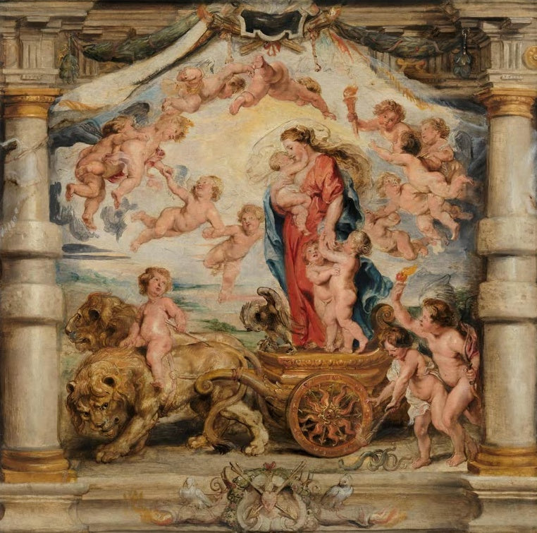 Peter Paul Rubens Der Triumph der göttlichen Liebe Kunstkopie, Frau mit Kind auf Wagen, von Löwen gezogen, Putten