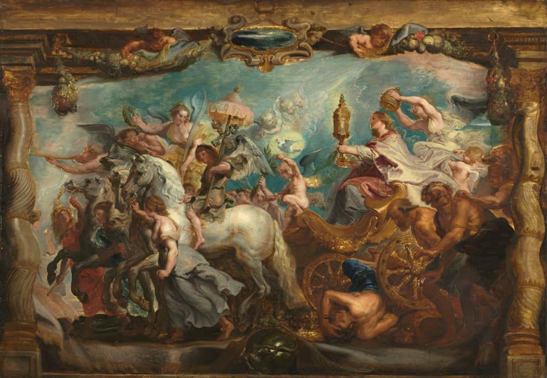 Peter Paul Rubens Der Triumph der Kirche Kunstkopie, Triumphwagen mit Monstranz, Engeln und weißen Pferden vor blauem Himmel