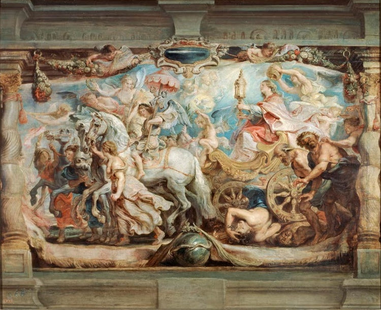 Peter Paul Rubens Der Triumph der Kirche über Unwissenheit und Verblendung Kunstkopie, Wagen mit Monstranz, weiße Pferde
