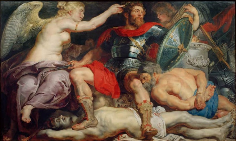 Peter Paul Rubens Der Triumph des Siegers Kunstkopie, geflügelte Siegesgöttin krönt einen Helden in Rüstung