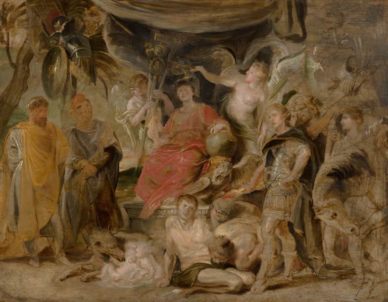 Peter Paul Rubens Der Triumph Roms Kunstkopie, thronende Roma in rosa Gewand mit Siegesgöttin und Konstantin, Ölskizze