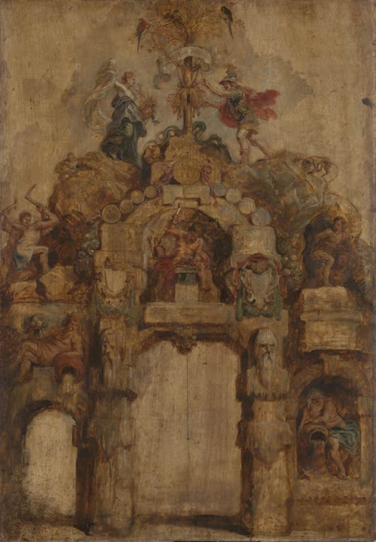 Peter Paul Rubens Der Triumphbogen der Münze Kunstkopie, Rückseite mit Figuren, Medaillons und Flussgott