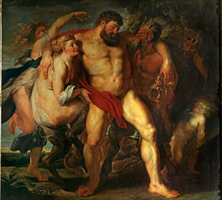 Peter Paul Rubens Der trunkene Herkules Kunstkopie, muskulöser Held von Nymphe und Satyr gestützt vor dunklem Laub