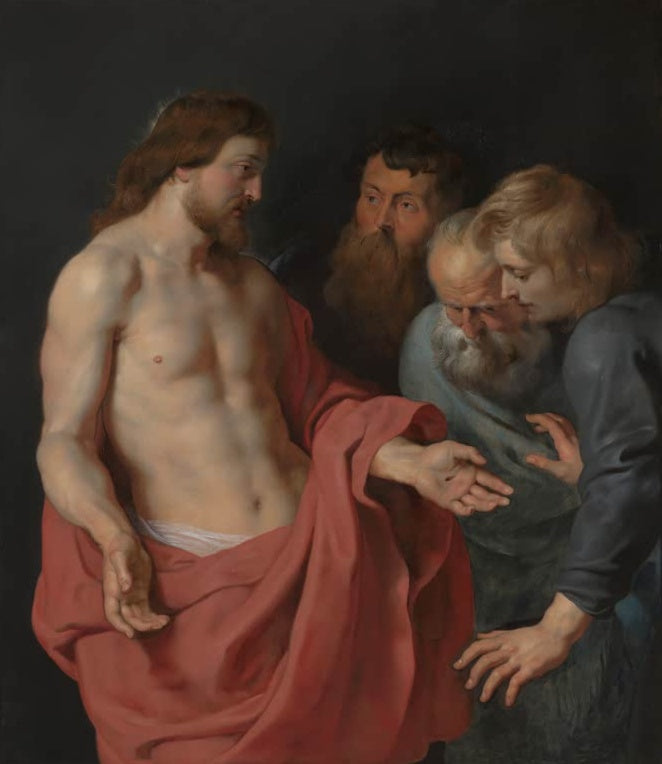 Peter Paul Rubens Der ungläubige Thomas Kunstkopie, Christus zeigt seine Seitenwunde drei Jüngern vor dunklem Grund