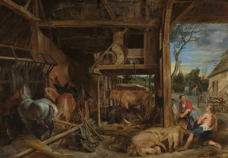 Peter Paul Rubens Der verlorene Sohn bei den Schweinen Kunstkopie, Mann füttert Schweine im Stall mit Pferden und Kühen