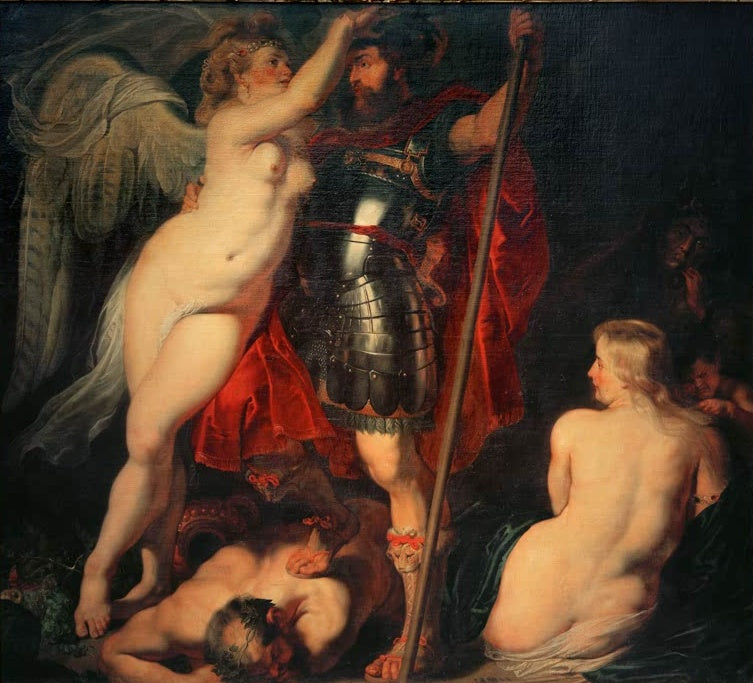 Peter Paul Rubens Der von der Siegesgöttin gekrönte Tugendheld Kunstkopie, Held in Rüstung mit Lanze und Siegesgöttin