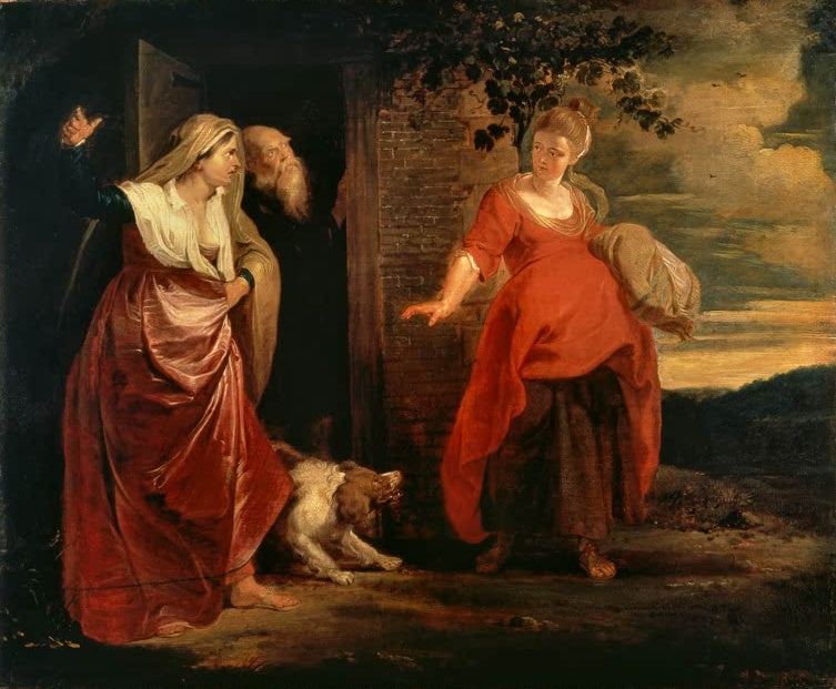 Peter Paul Rubens Der Weggang der Hagar Kunstkopie, Hagar in Rot verlässt das Haus, Sarah und Abraham an der Tür