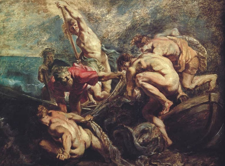Peter Paul Rubens Der wunderbare Fischzug Kunstkopie, Fischer ziehen das Netz an Bord eines Bootes am stürmischen Meer