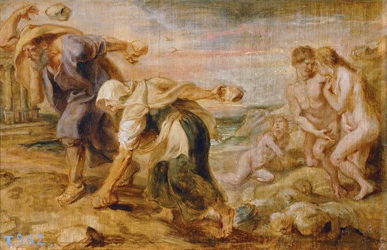 Peter Paul Rubens Deukalion und Pyrrha Kunstkopie, zwei Gestalten werfen Steine, aus denen rechts neue Menschen erwachsen