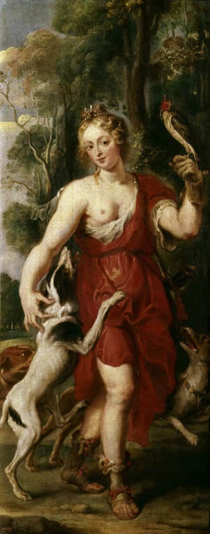 Peter Paul Rubens Diana als Jägerin, Prado Kunstkopie, Jagdgöttin in rotem Gewand mit Hunden und Falken im Wald