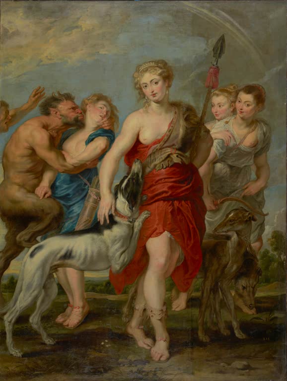 Peter Paul Rubens Diana und ihre Nymphen auf der Jagd Kunstkopie, Göttin in Rot mit Speer, Windhunde, Nymphen und Satyr