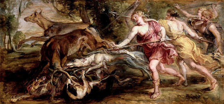 Peter Paul Rubens Diana und ihre Nymphen bei der Hirschjagd, Ölskizze Kunstkopie, Nymphen und Hunde bei erlegtem Hirsch