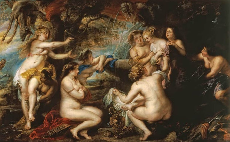 Peter Paul Rubens Diana und Kallisto Kunstkopie, Nymphen an einem Brunnen, Diana im Gewand mit Pfeilköcher im Vordergrund