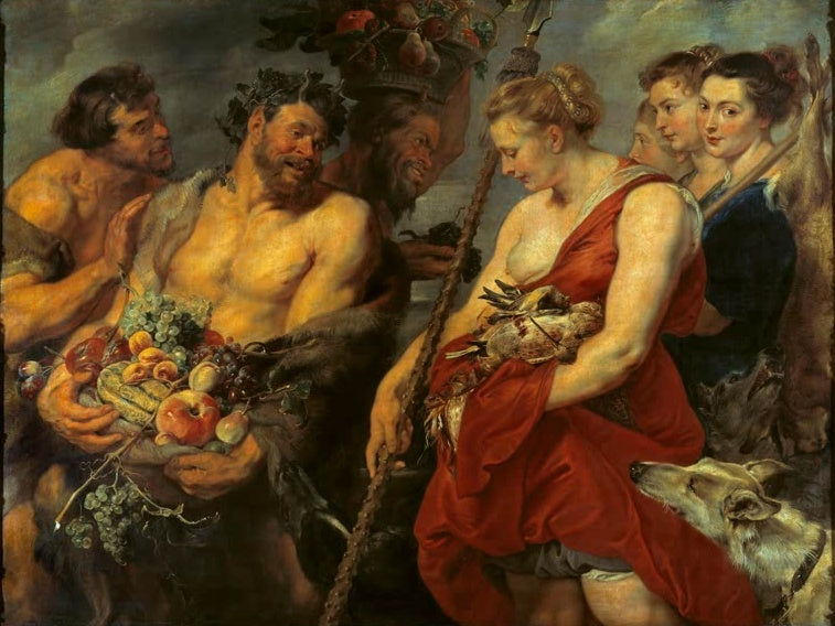 Peter Paul Rubens Dianas Heimkehr von der Jagd Kunstkopie, Göttin im roten Gewand mit Beute, Satyrn und Früchtekorb