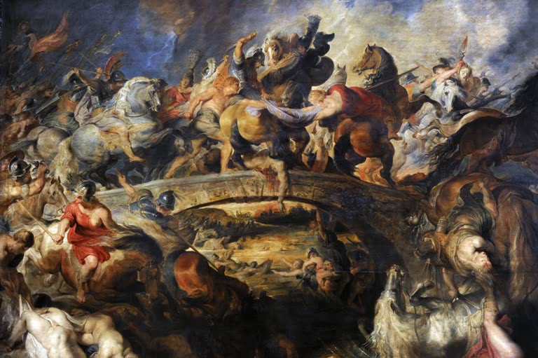 Peter Paul Rubens Die Amazonenschlacht Kunstkopie, Reiterkampf um eine Brücke mit Kriegern und stürzenden Pferden