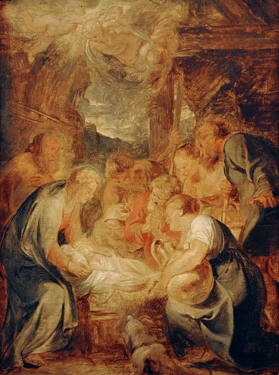 Peter Paul Rubens Die Anbetung der Hirten Kunstkopie, Maria und Hirten um das Kind in der Krippe im warmen Licht