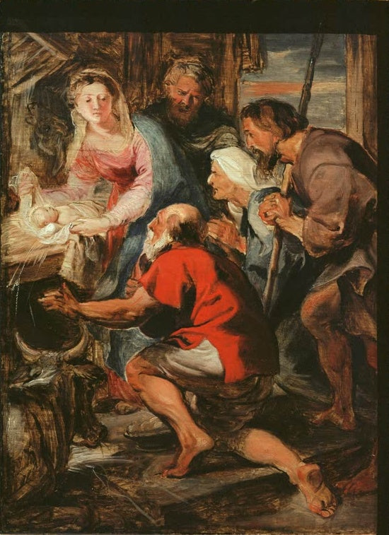 Peter Paul Rubens Die Anbetung der Hirten Kunstkopie, Maria mit dem Kind, Josef, alte Frau und Hirten in rotem Hemd
