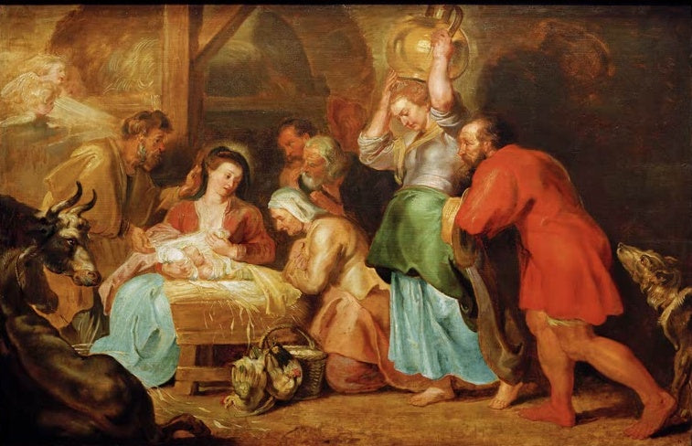 Peter Paul Rubens Die Anbetung der Hirten Kunstkopie, Maria mit Kind an der Krippe, Hirten, Magd mit Krug und Ochse
