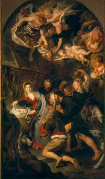 Peter Paul Rubens Die Anbetung der Hirten Kunstkopie, Maria am Kind, kniender Hirte und Engel im Bogenfeld