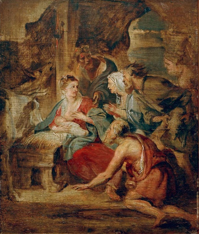 Peter Paul Rubens Die Anbetung der Hirten Kunstkopie, Maria stillt das Kind, Hirten und Hirtin in skizzenhaftem Braun