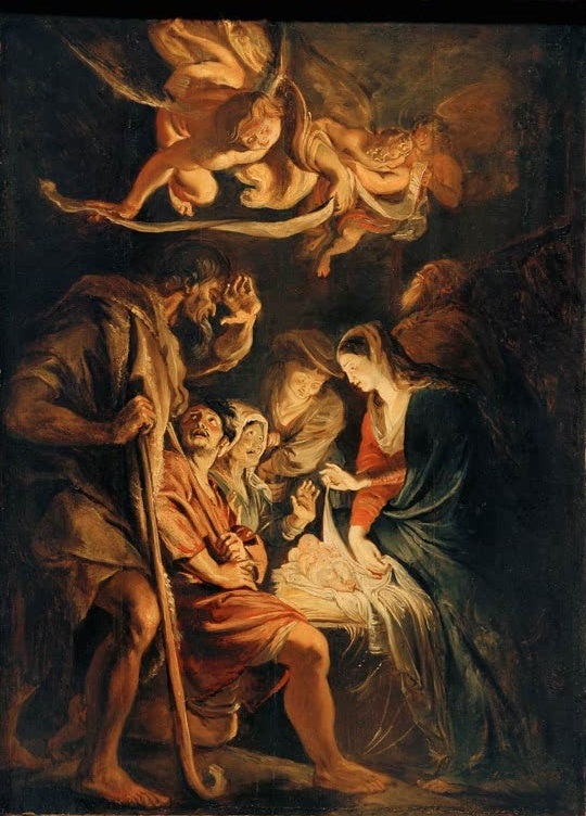 Peter Paul Rubens Die Anbetung der Hirten Kunstkopie, Maria am Neugeborenen, Hirten mit Stab und Engel im Dunkel