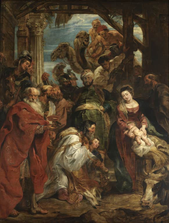 Peter Paul Rubens Die Anbetung der Könige Kunstkopie, Könige mit Gaben vor Maria und Kind, dahinter Kamele und Krieger