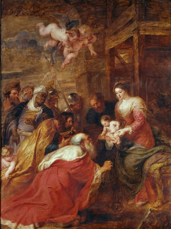 Peter Paul Rubens Die Anbetung der Könige Kunstkopie, Maria mit Kind, kniender König in Rot, Engel über dem Stall