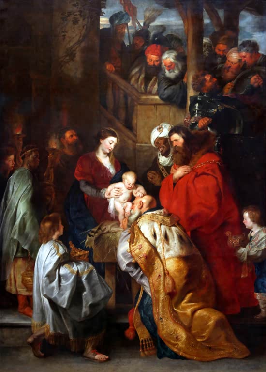 Peter Paul Rubens Die Anbetung der Könige Kunstkopie, Maria mit Kind, kniender König in Gold und Zuschauer an der Balustrade