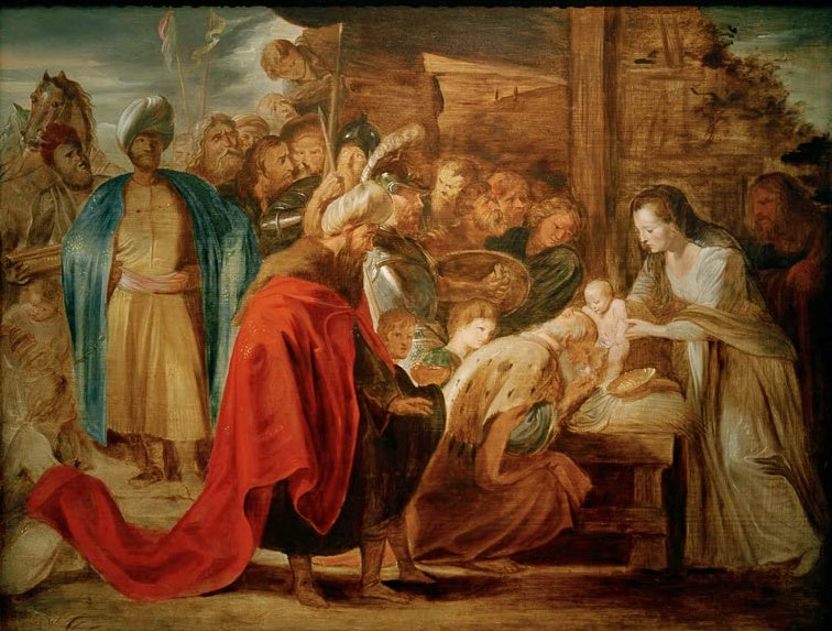 Peter Paul Rubens Die Anbetung der Könige Kunstkopie, Maria mit Kind vor Stallbalken, rot gekleideter König und Gefolge