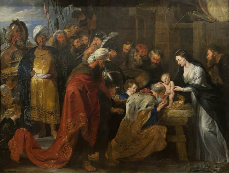 Peter Paul Rubens Die Anbetung der Könige Kunstkopie, Könige mit kostbaren Gewändern vor Maria und dem Christuskind