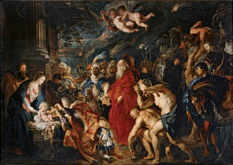 Peter Paul Rubens Die Anbetung der Könige Kunstkopie, Maria mit Kind, kniende Könige, Gefolge und Engel im Fackelschein