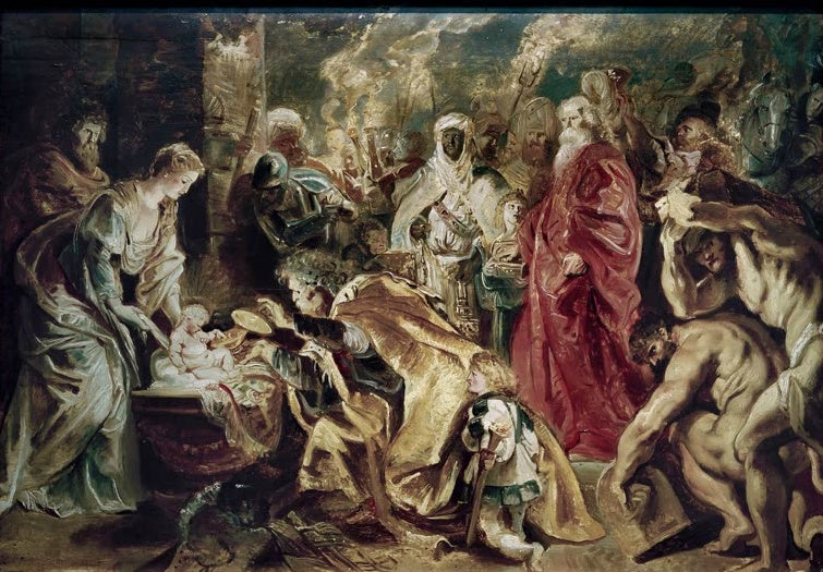 Peter Paul Rubens Die Anbetung der Könige Kunstkopie, Ölskizze mit Maria, kniendem König, Kriegern und Fackeln