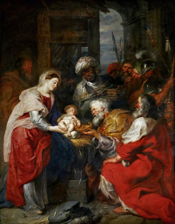 Peter Paul Rubens Die Anbetung der Könige Kunstkopie, Maria mit Kind, kniende Könige in Rot und Gold, Krieger im Hintergrund